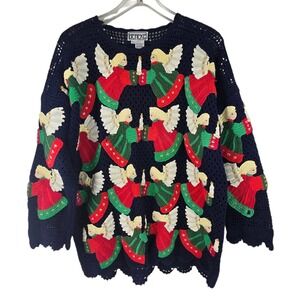 Vintage Berek2 Angel Christmas Crochet Sweater Navy Blue Applique‎ Scalloped M/L